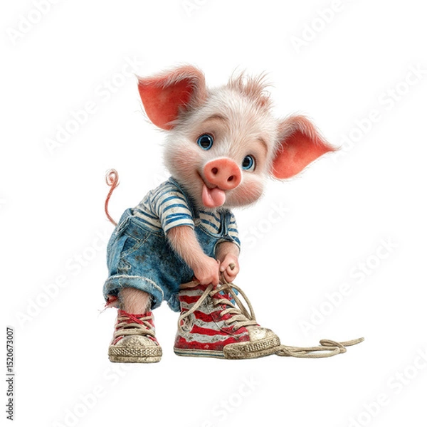 Fototapeta Adorable Piglet Tying Shoelaces Playful 3D Rendered Cartoon Character