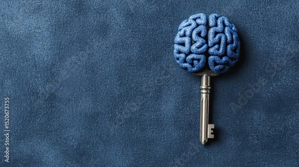 Fototapeta A metallic key with a brain-shaped top lies on a textured blue surface, symbolizing the concept of unlocking the mind.