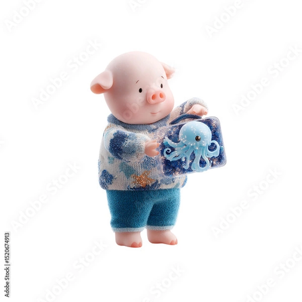Fototapeta Adorable 3D Rendered Piglet Holding a Suitcase with an Octopus