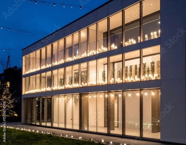 Fototapeta Modern building at night, adorned with candles