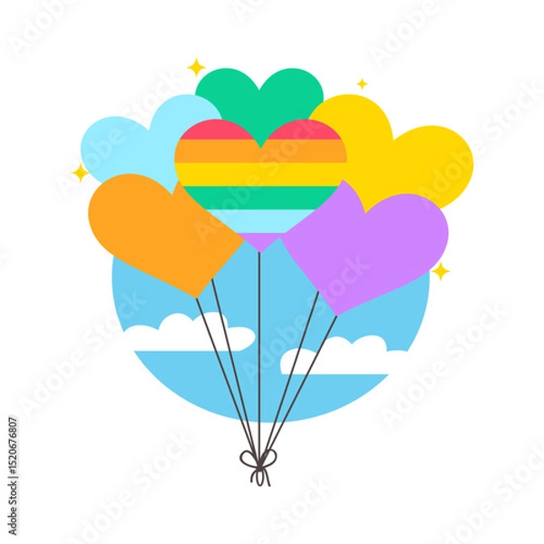 Fototapeta Colorful Heart Balloons Floating Against Blue Sky and Clouds with Sparkling Accents Celebrating LGBTQ Pride and Unity