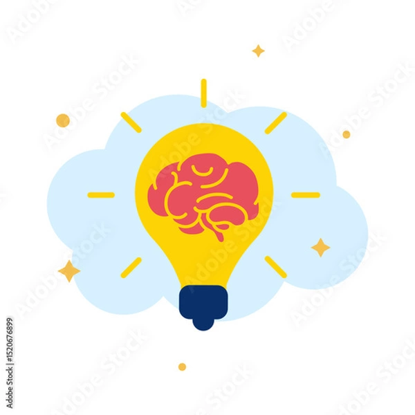Fototapeta Yellow Light Bulb with Brain and Sparkle Elements Representing Creativity and Bright Ideas