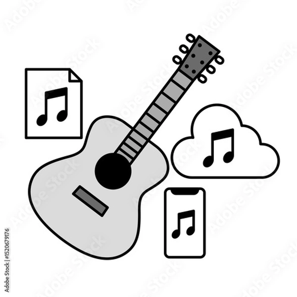 Fototapeta Music Content Icon – Acoustic Guitar with Streaming, File, and Cloud Symbols