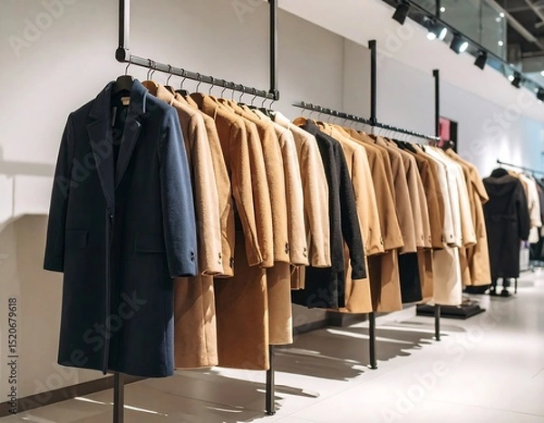 Fototapeta Stylish coats on display in a modern store