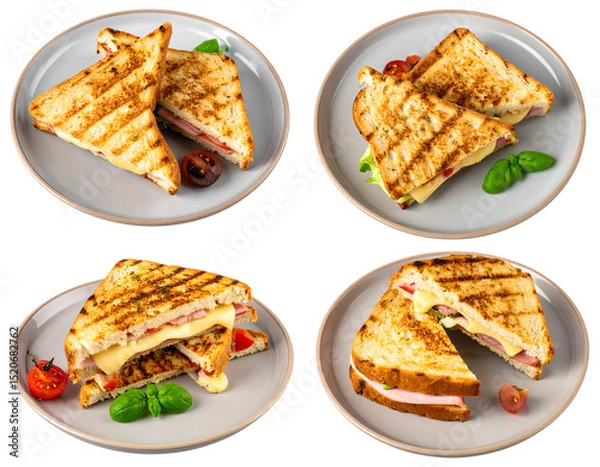 Obraz Four grilled cheese sandwiches on plates, showcasing various fillings and textures