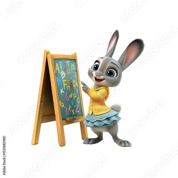 Fototapeta Adorable Cartoon Rabbit Teaching the Alphabet on a Blackboard
