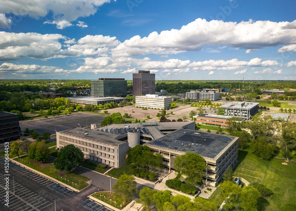 Fototapeta Aerial view of Southfield city in Metro Detroit area ,with many high rise office complexes.