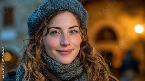 Fototapeta Smiling woman from different country, portrait with warm light and soft background, expressing joy and cultural diversity