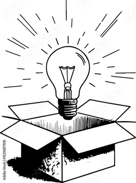Fototapeta  Brilliant Idea Light Bulb Emerging from a Box: A Visual Metaphor for Innovation, Creativity, and Thinking Outside the Box.