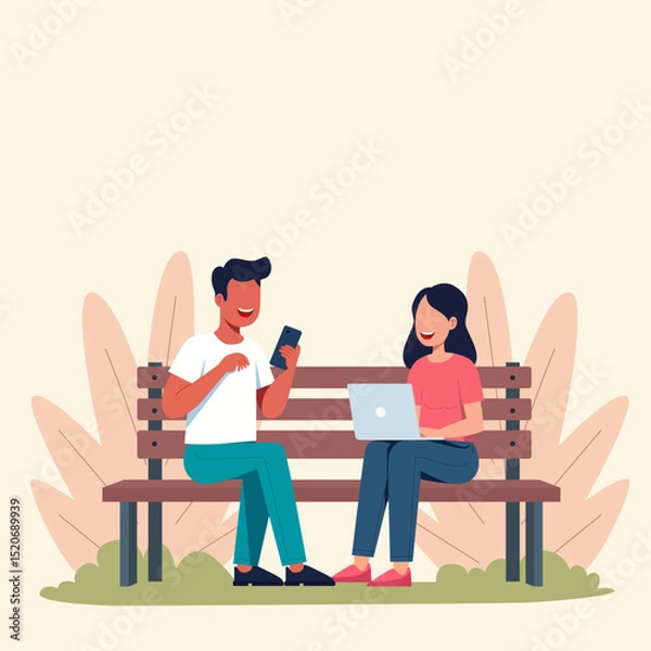 Fototapeta A man and woman are relaxing with laptop and smartphone on park bench with calm color background