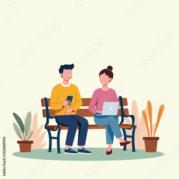 Fototapeta A male and female are relaxing on park bench with smartphone and laptop with calm color background