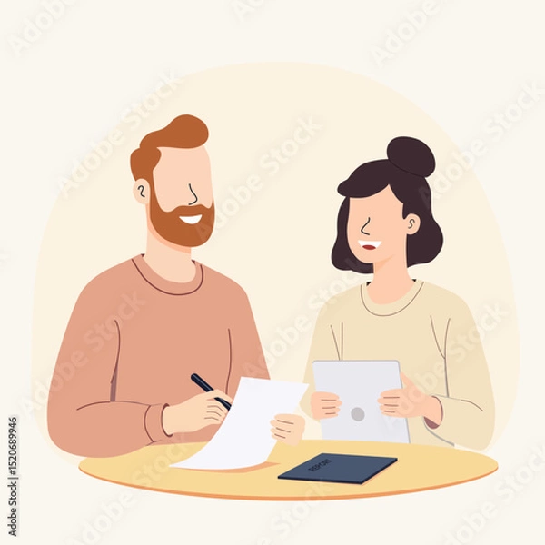 Fototapeta A man and woman are discussing about report of monthly work