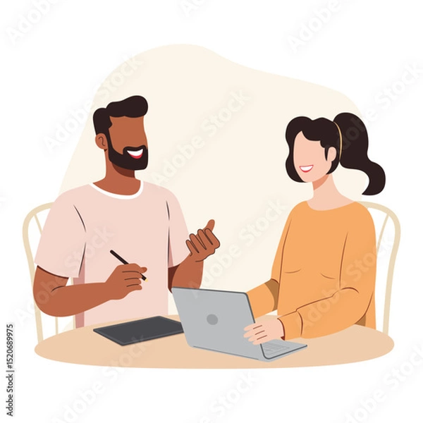 Fototapeta A young man and woman are discussing about work