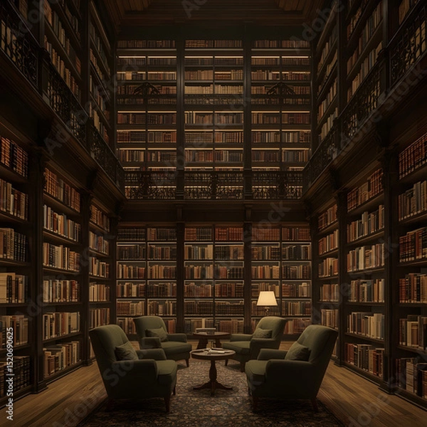 Fototapeta Literary Haven: A grand library filled with countless books creates a world of knowledge, inviting exploration and discovery in a space that embraces the beauty of literature.