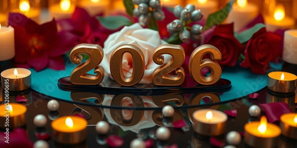 Fototapeta Celebrate 2026 with this Cinematic Wide Shot image. Floral Bloom design, mysterious and enchanting atmosphere, and geometric patterns details. High-resolution stock photo.