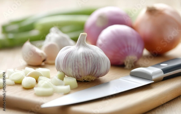 Fototapeta Fresh garlic and onions on wooden board with knife showing dessert making process in natural kitchen setting