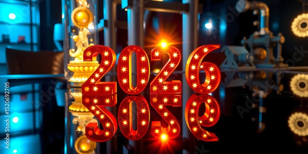 Fototapeta A Steampunk Industrial representation of happy new year with text '2026'. Theme: Festive Holiday. Mood: warm and cozy. Features a subtle elements. Stock image for festive...