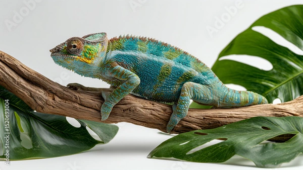 Fototapeta Green chameleon on leafy branch, natural camouflage and exotic appearance. Nature chameleon content, wildlife presentations, reptile-focused documentaries, slow movement, natural adaptation