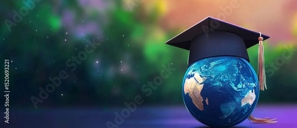 Obraz Study abroad business in universities in worldwide, graduation cap in globe earth 