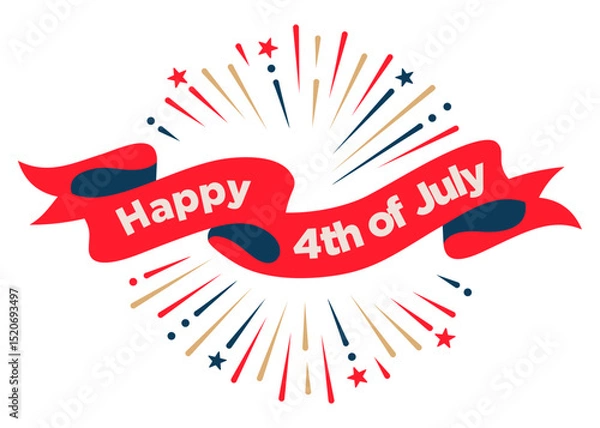Fototapeta Vector Happy 4th of july fireworks banner 
party sale background, red ribbon isolated on white 
for USA Independence Day Fourth of july celebration 
Social Media, Web Banner
