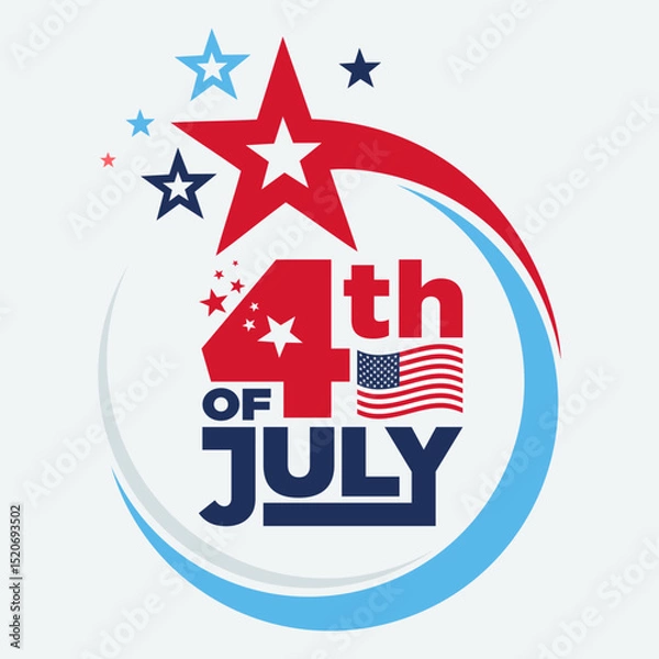Fototapeta Happy 4th of July USA Independence Day celebration banner with text lettering logo & waving American flag isolated on white background for Social Media, Sale, Web Banner