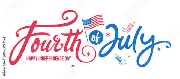 Fototapeta 4th of July handwritten brush lettering calligraphic 
banner logo isolated on white background, 
Happy Independence Day web banner, email signature, text design with stars, rocket, fireworks, USA flag