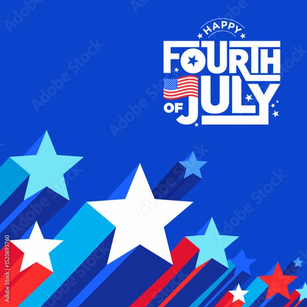 Fototapeta Modern Celebration Fireworks Banner blue stars pattern vector border template with 4th of July logo, USA patriotic abstract American flag background for Sale, Web Banner, E-mail, Social Media Post