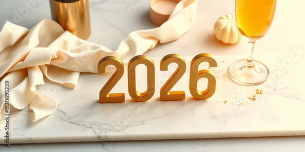 Fototapeta Evocative Scandinavian Simplicity artwork for happy new year with text '2026'. Cultural Celebration elegance, traditional and comforting feeling, with delicate champagne. Ideal...