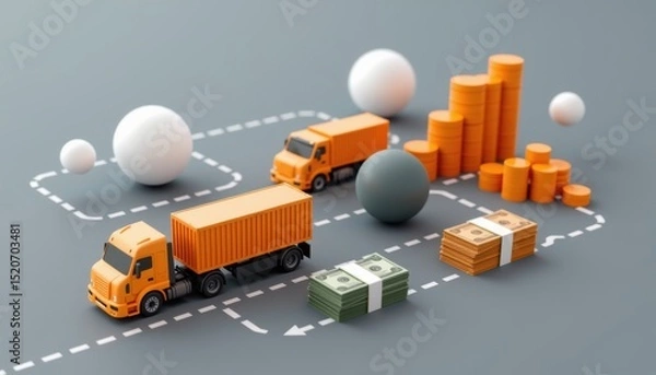 Fototapeta Illustration of trucks, money, coins, and graphs representing logistics, transportation, and financial growth concepts.