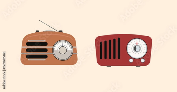 Obraz Vector illustration of two vintage retro radios with classic design, one in brown and one in red. Featuring analog dials, speaker grilles, and nostalgic shapes, isolated on soft beige background.