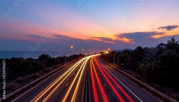 Fototapeta A highway at dusk with colorful light trails from cars, set against a scenic sunset sky and distant trees.