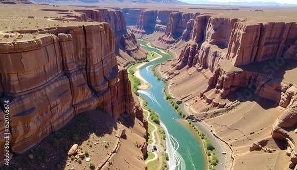 Fototapeta A winding river flows through a deep, dramatic canyon with towering red rock cliffs and a clear blue sky above.