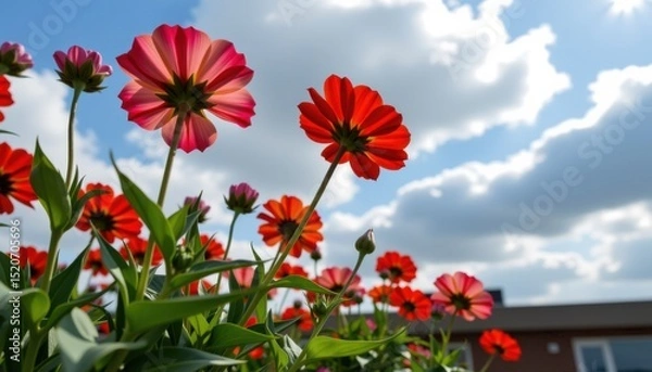 Fototapeta Bright red flowers bloom under a partly cloudy sky, with a building in the background, creating a vibrant garden scene.