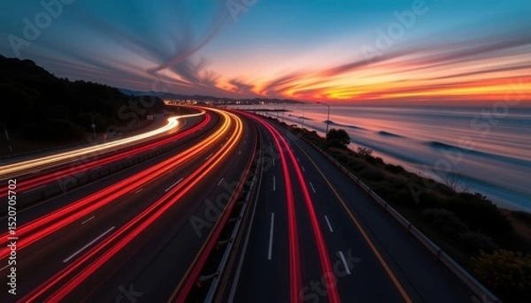 Fototapeta A coastal highway at sunset with streaks of car lights and dramatic clouds over the ocean.