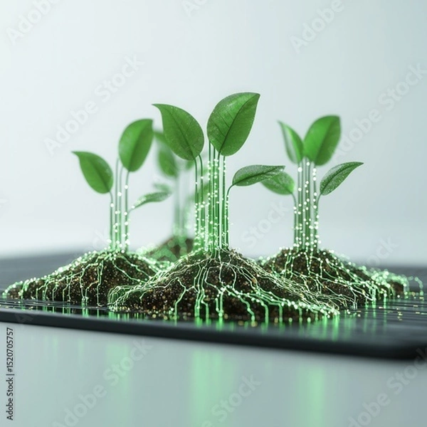 Fototapeta nature conservation concept Digital plants growing from a circuit board surface.