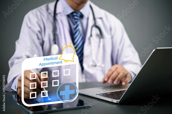 Fototapeta Doctor using digital tablet and laptop with medical appointment calendar icon, online booking system, e-health scheduling, and digital healthcare technology concept.