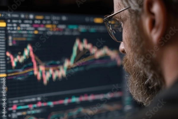 Fototapeta Crypto trader with bitcoin chart on dark grey bg, digital assets, market volatility
