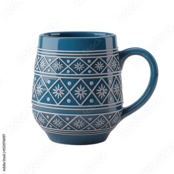 Fototapeta Blue ceramic mug with floral design isolated on transparent background