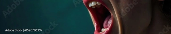 Fototapeta A close-up shot of an open mouth, screaming, with veins visible in the throat, suggesting intense anger or fear The image conveys raw emotion and vulnerability , terror, scream