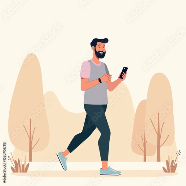 Fototapeta A male is doing work out with use smartphone and smartwatch at city park space