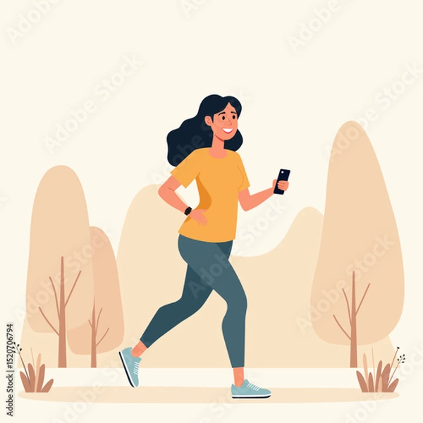 Fototapeta A female is doing work out with use smartphone and smartwatch at city park space