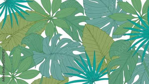 Obraz Green tropical foliage vector botanical background. Monstera leaves, palm branches and tropical plants abstract design