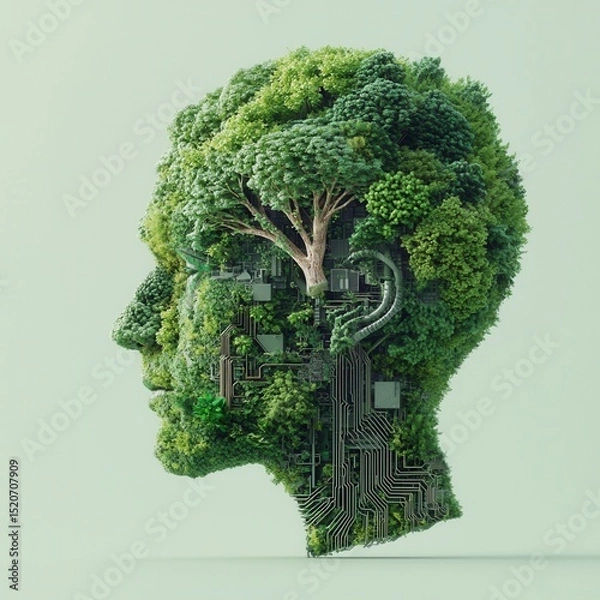 Fototapeta nature conservation concept Human head merged with greenery and technology, symbolizing nature and innovation.