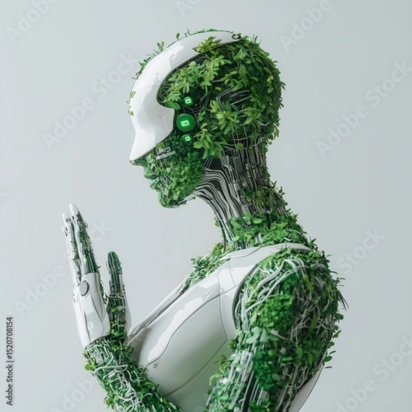 Fototapeta nature conservation concept Robot figure adorned with greenery in a serene pose.