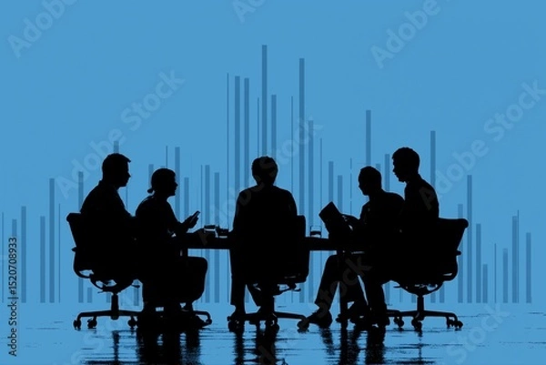 Fototapeta Business meeting concept with team silhouettes and charts on light blue bg, collaboration, strategy planning