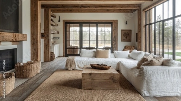 Fototapeta Rustic Living Room Design: Cozy and Elegant Space with Natural Wood Beams and Large Windows