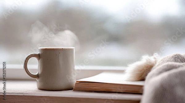 Fototapeta A ceramic coffee cup sits on a windowsill, steam rising into the air beside an open book and a soft blanket creating a cozy, serene atmosphere