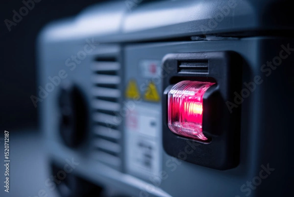 Fototapeta A close-up of a generator humming quietly in the darkness with a glowing red indicator light signaling its operational status