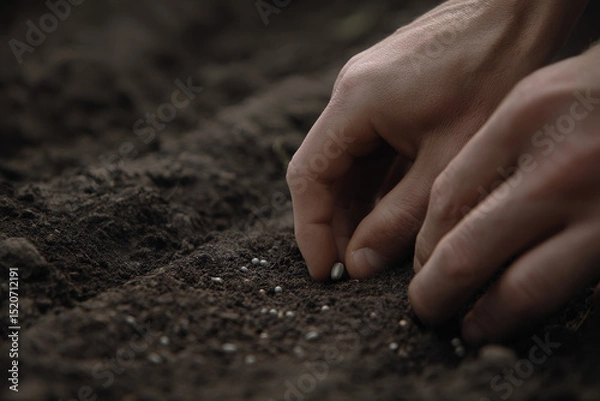 Fototapeta Close-up of a person's hands planting seeds in rich, dark soil, showcasing a nurturing connection to nature and the process of growth