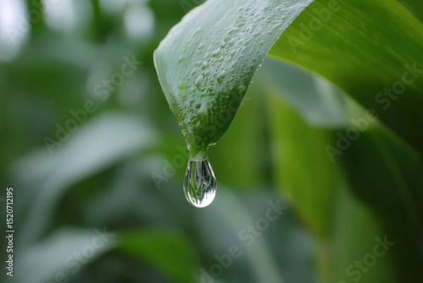 Fototapeta A tiny droplet of water clings to the edge of a vibrant green leaf, reflecting the surrounding greenery in a serene, close-up view of nature's beauty